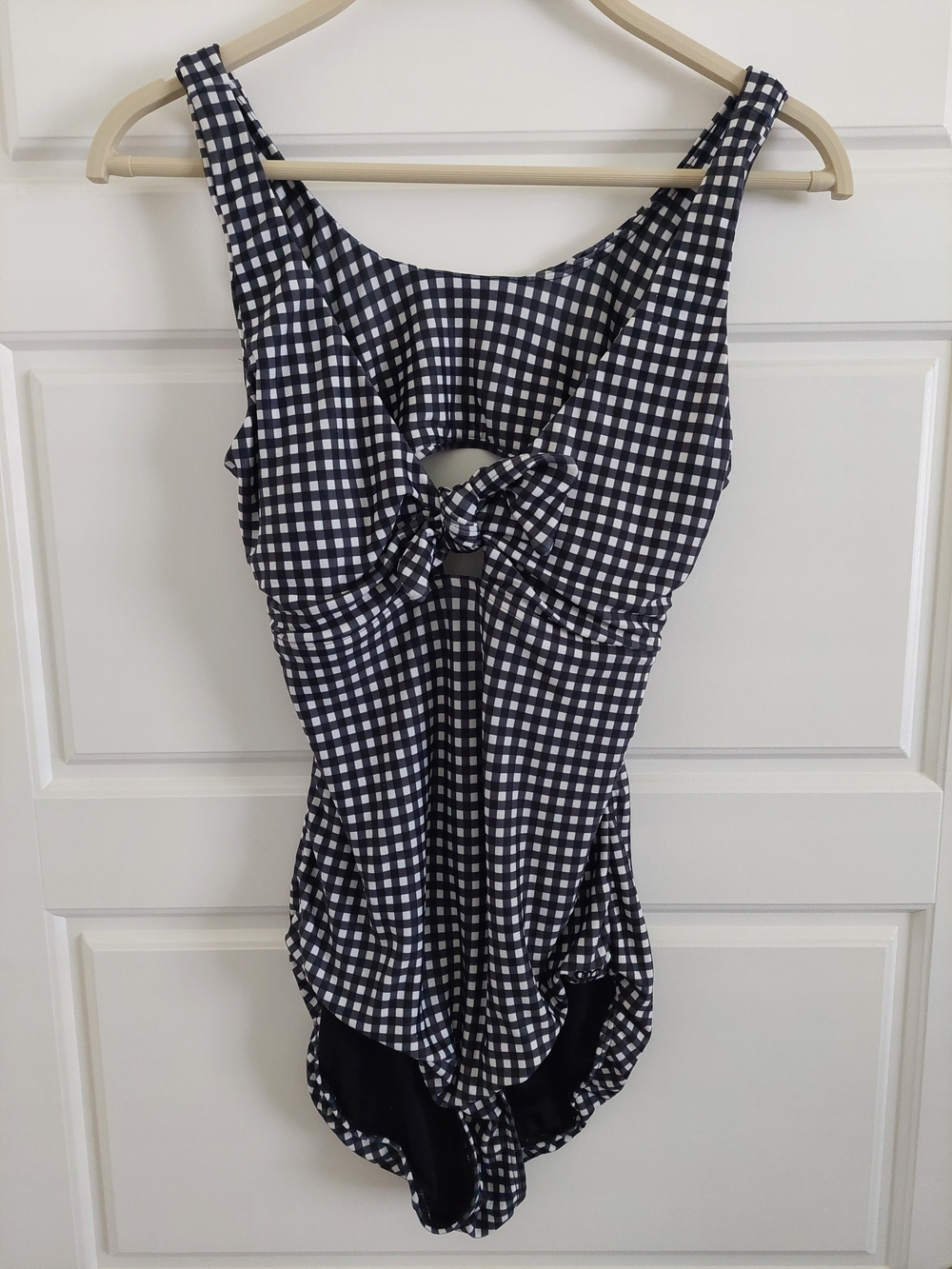 Albion Fit Top Knot One Piece Swimsuit Black White Gingham Cutout Size Small S